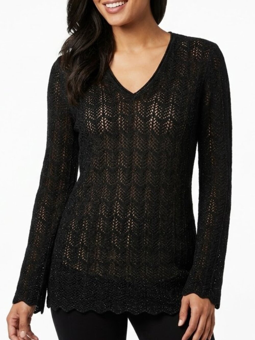 Daisy Fuentes Whimsigoth Pointelle Knit Bell Sleeve V-Neck Scalloped Top XL